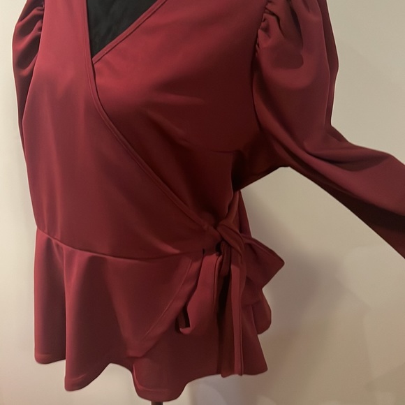 Puff Sleeve Wrap Belted Peplum Top - Picture 3 of 6
